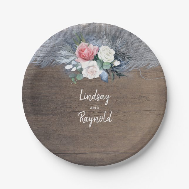 Dusty Blue and Blush Rustic Country Wedding Paper Plates (Front)
