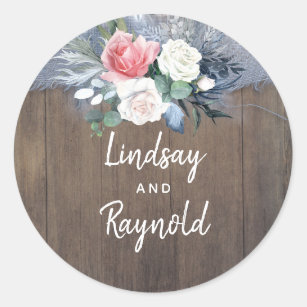 Dusty Blue and Blush Rustic Country Wood and Linen Classic Round Sticker
