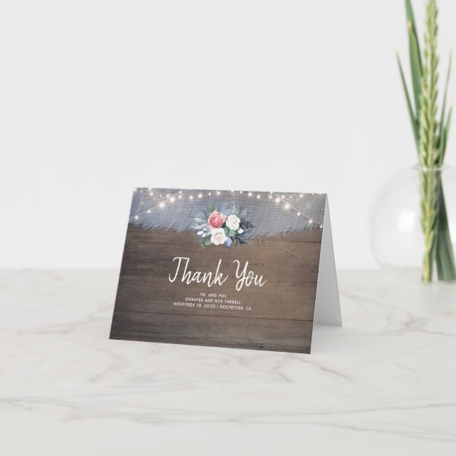 Dusty Blue and Blush Rustic Wedding Thank You Card (Front)