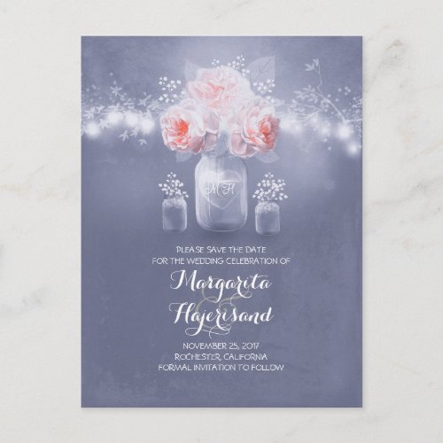 Dusty Blue And Blush Save the Date Announcement Postcard