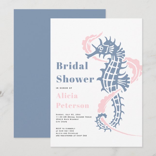 Dusty blue and blush seahorse beach bridal shower invitation (Front/Back)