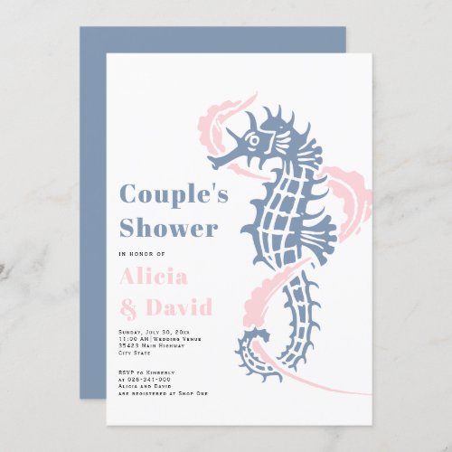Dusty blue and blush seahorse beach couples shower invitation