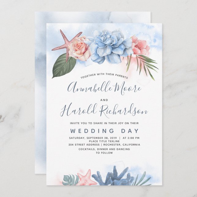 Dusty Blue and Blush Tropical Beach Wedding Invitation (Front/Back)