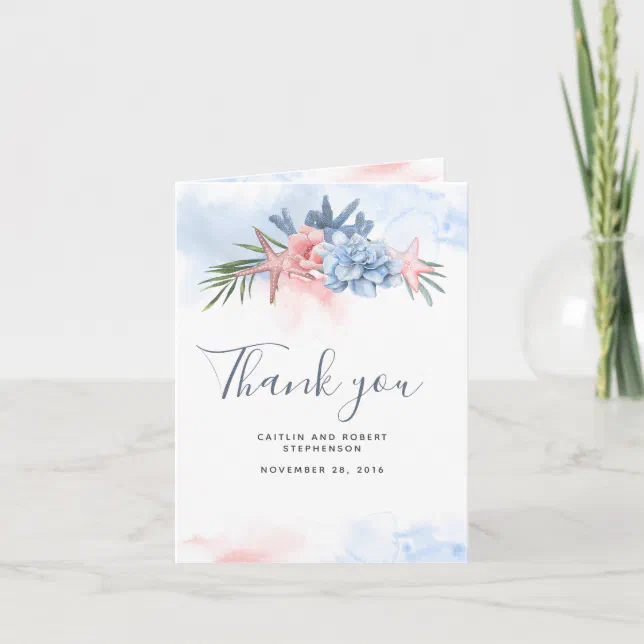 Dusty Blue and Blush Watercolor Beach Wedding Thank You Card | Zazzle