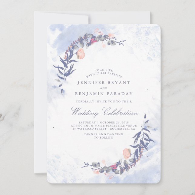 Dusty Blue and Blush Watercolors - Floral Wedding Invitation (Front)