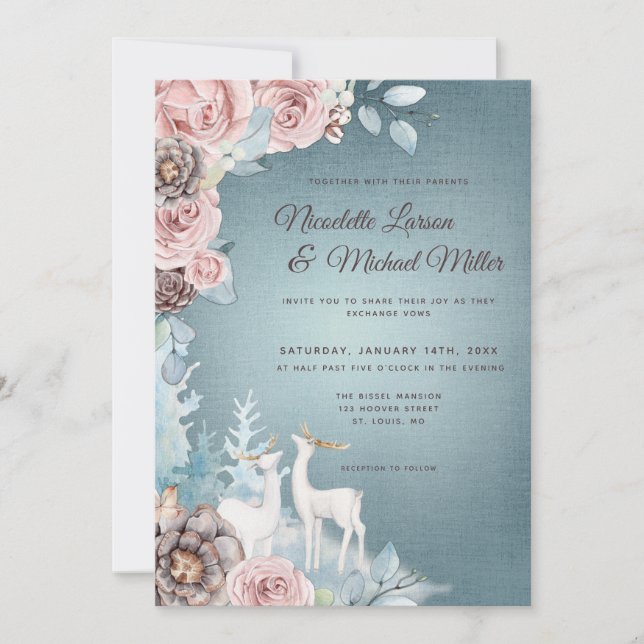 Dusty Blue and Blush Woodland Winter Wedding Invitation (Front)