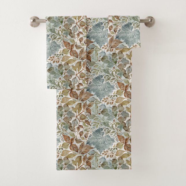 Dusty Blue and Brown Botanical Leaf Bath Towel Set (Insitu)