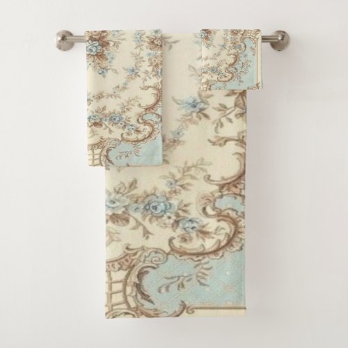 Dusty Blue and Brown Floral Oriental Bath Towel Set