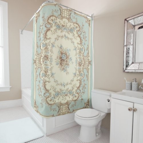 Dusty Blue and Brown Floral Oriental Shower Curtain
