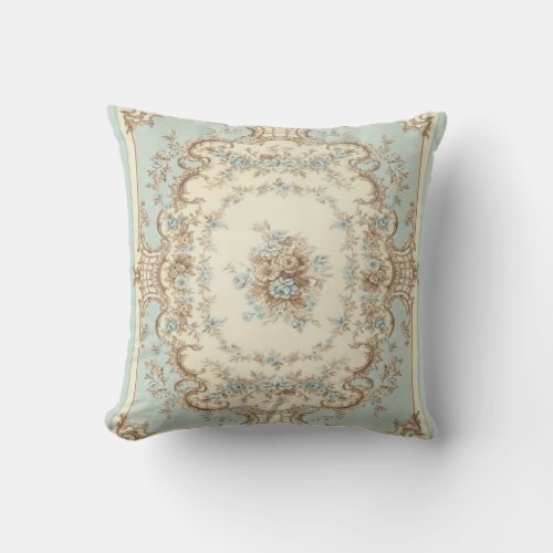 Dusty Blue and Brown Floral Oriental Throw Pillow