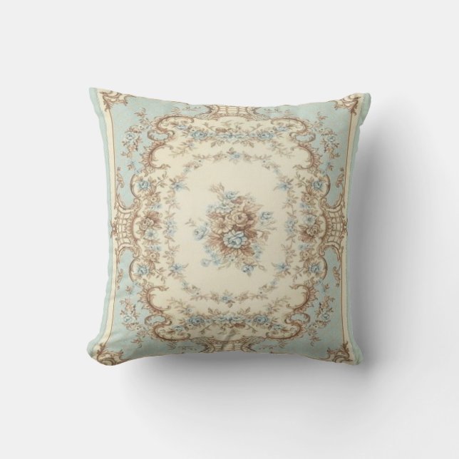 Dusty Blue and Brown Floral Oriental Throw Pillow (Front)