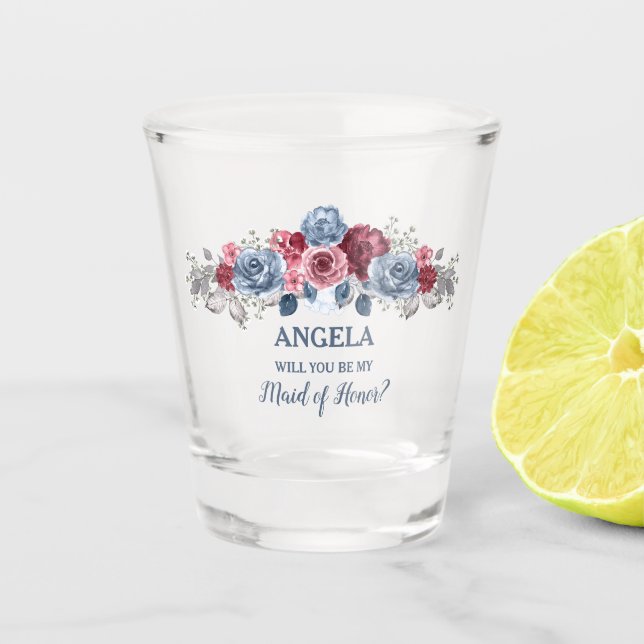 Dusty Blue and Burgundy Be My Maid of Honor? Shot Glass (Front)