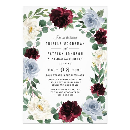 Dusty Blue and Burgundy Boho Fall Rehearsal Dinner Invitation