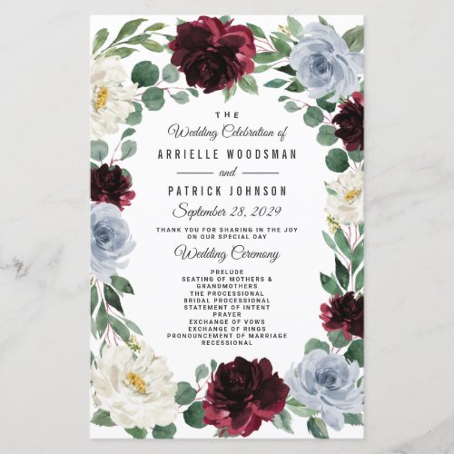 Dusty Blue and Burgundy Boho Fall Wedding Programs