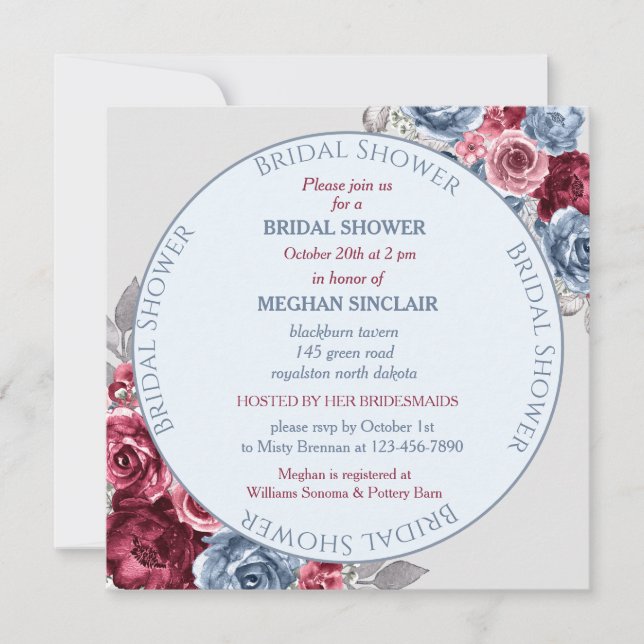 Dusty Blue and Burgundy Bridal Shower Invitation (Front)