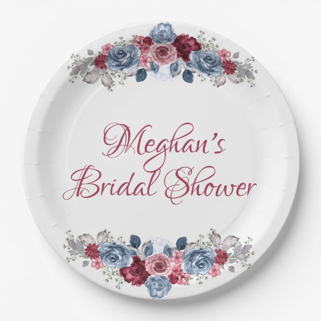Dusty Blue and Burgundy Bridal Shower   Paper Plates (Front)