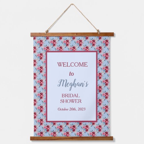 Dusty Blue and Burgundy Bridal Shower Welcome  Hanging Tapestry