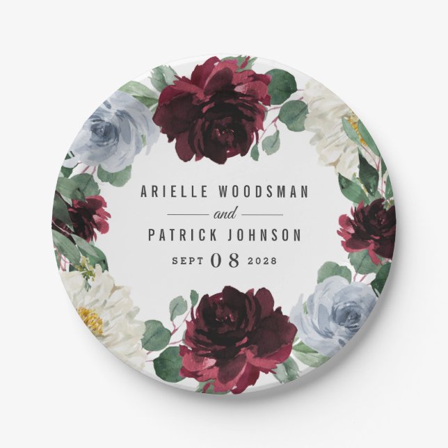 Dusty Blue and Burgundy Cranberry Fall Event Paper Plates (Front)