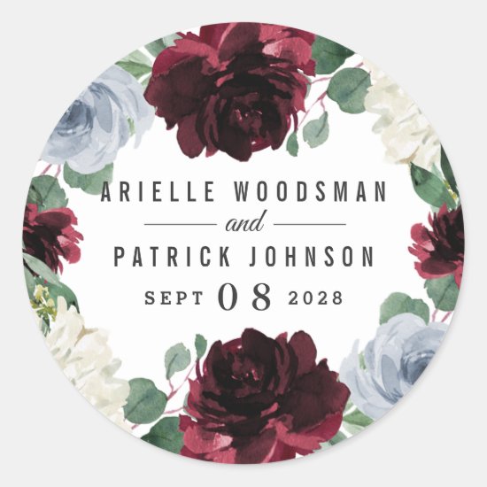 Dusty Blue and Burgundy Cranberry Fall Wedding Classic Round Sticker