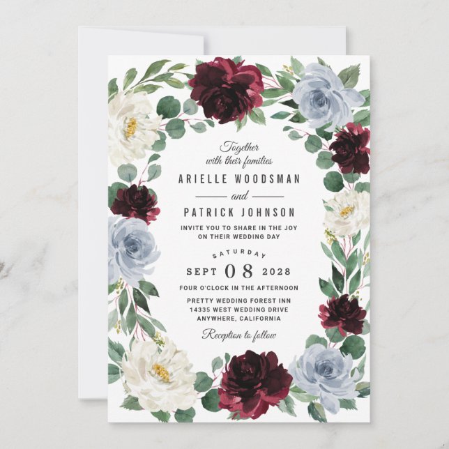 Dusty Blue and Burgundy Cranberry Fall Wedding Invitation (Front)
