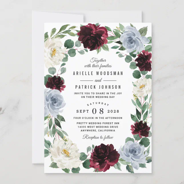 Dusty Blue and Burgundy Cranberry Fall Wedding Invitation | Zazzle