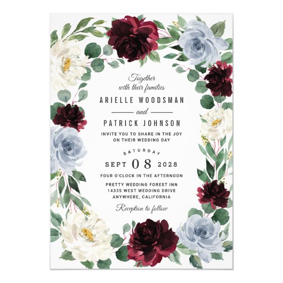 Dusty Blue and Burgundy Cranberry Fall Wedding Invitation