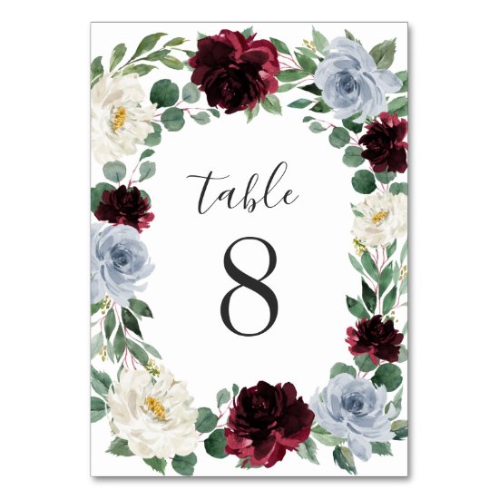 Dusty Blue and Burgundy Cranberry Fall Wedding Table Number