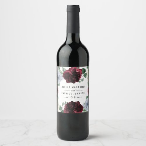 Dusty Blue and Burgundy Cranberry Fall Wedding Wine Label