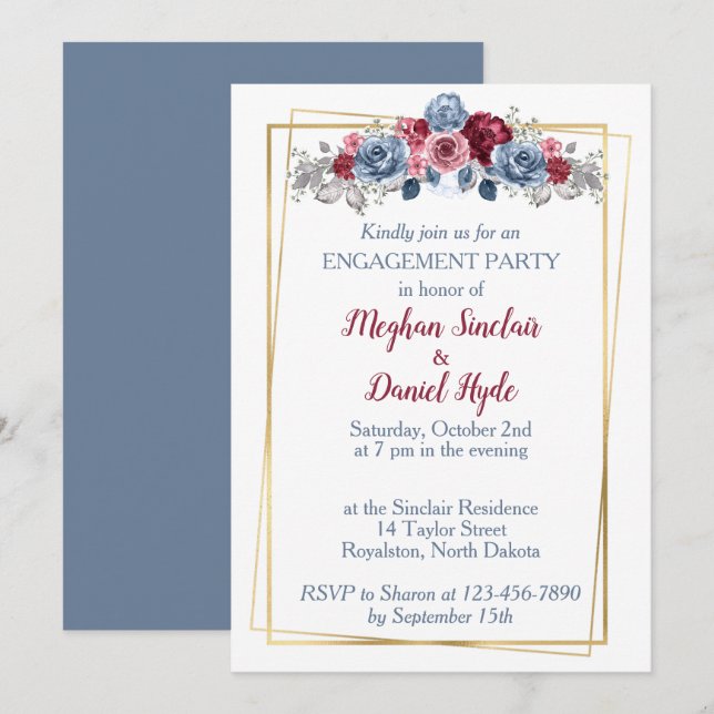 Dusty Blue and Burgundy Engagement Party  Invitation (Front/Back)