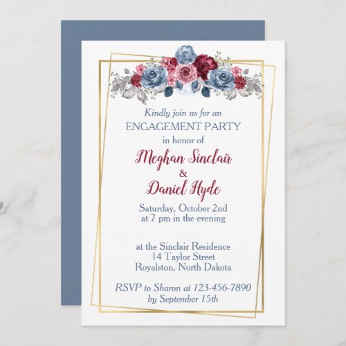 Dusty Blue and Burgundy Engagement Party  Invitation