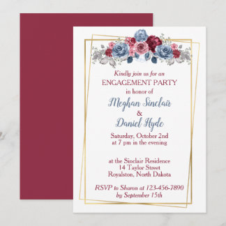 Dusty Blue and Burgundy Engagement Party Invitation