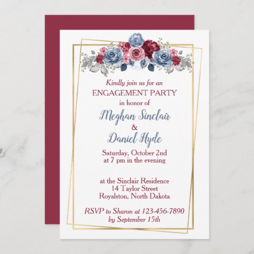 Dusty Blue and Burgundy Engagement Party   Invitation