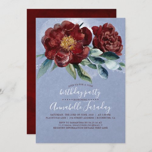 Dusty Blue and Burgundy Floral Birthday Party Invitation