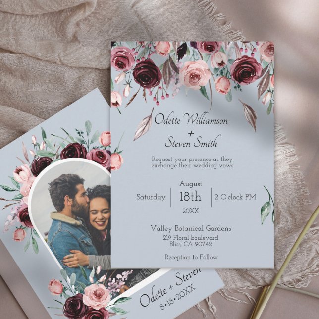 Dusty Blue and Burgundy Floral Photo Arch Wedding Invitation (Rustic Country Dusty Blue Blush and Burgundy Photo Wedding Invitation)