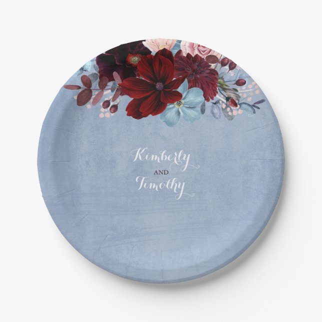 Dusty Blue and Burgundy Floral Watercolor Paper Plates (Front)