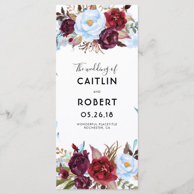 Dusty Blue and Burgundy Floral Wedding Programs (Front)