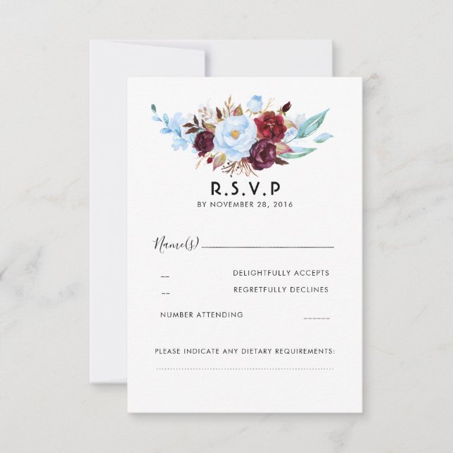 Dusty Blue and Burgundy Floral Wedding RSVP (Front)