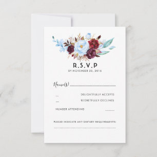 Dusty Blue and Burgundy Floral Wedding RSVP Card