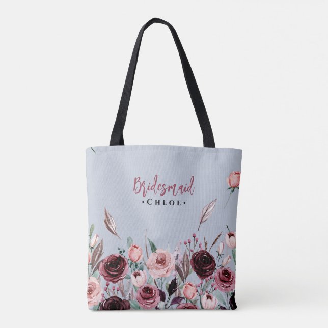 Dusty Blue and Burgundy Flowers | Bridesmaid  Tote Bag (Back)