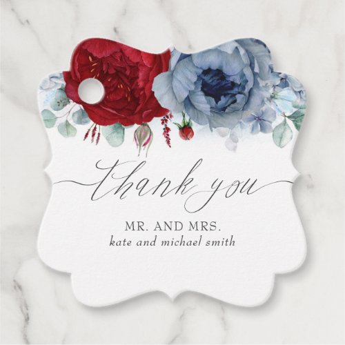 Dusty Blue and Burgundy Flowers Wedding Thank You Favor Tags