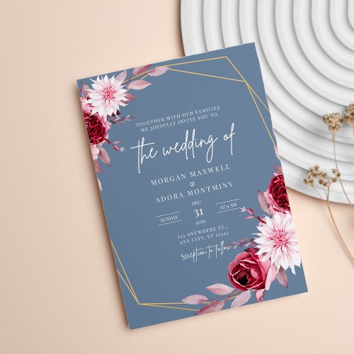 Dusty Blue and Burgundy Gold Geometric Wedding Invitation