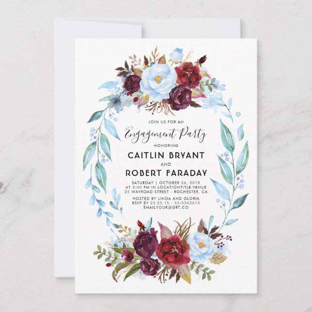 Dusty Blue and Burgundy Red Engagement Party Invitation (Front)