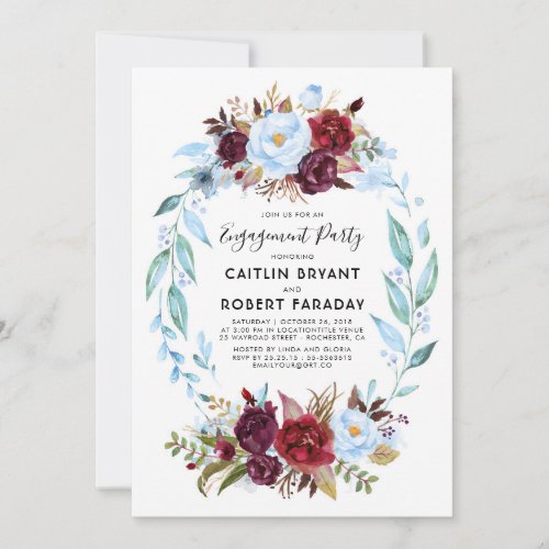 Dusty Blue and Burgundy Red Engagement Party Invitation