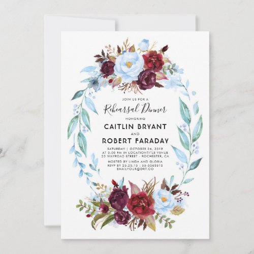 Dusty Blue and Burgundy Red Flora Rehearsal Dinner Invitation