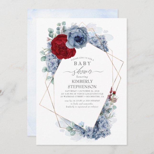 Dusty Blue and Burgundy Red Floral Baby Shower Invitation (Front/Back)