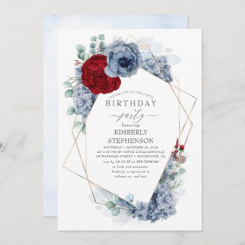 Dusty Blue and Burgundy Red Floral Birthday Party Invitation