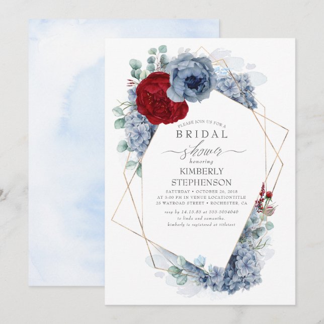 Dusty Blue and Burgundy Red Floral Bridal Shower Invitation (Front/Back)