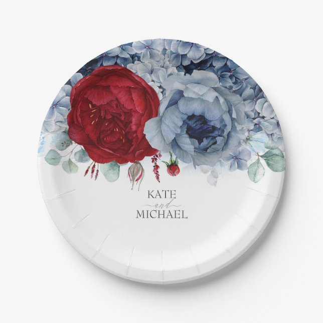 Dusty Blue and Burgundy Red Floral Elegant Paper Plates (Front)