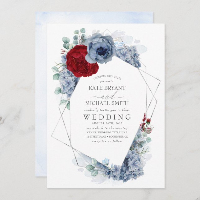 Dusty Blue and Burgundy Red Floral Elegant Wedding Invitation (Front/Back)