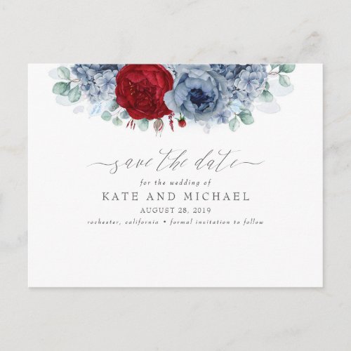 Dusty Blue and Burgundy Red Floral Save the Date Postcard